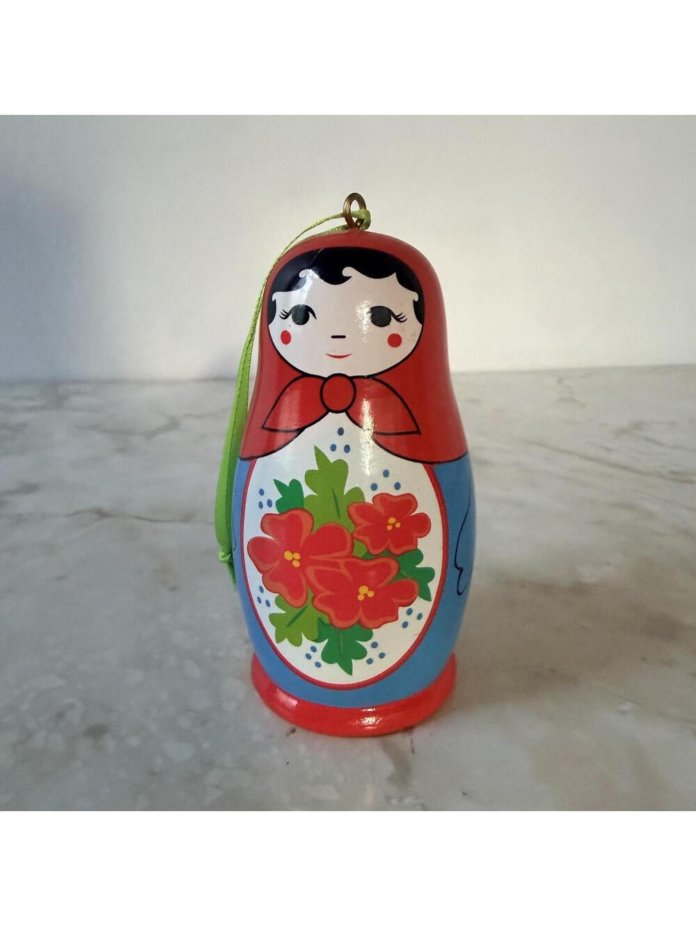 Hand-Painted Russian Doll Ornament with Floral Design
